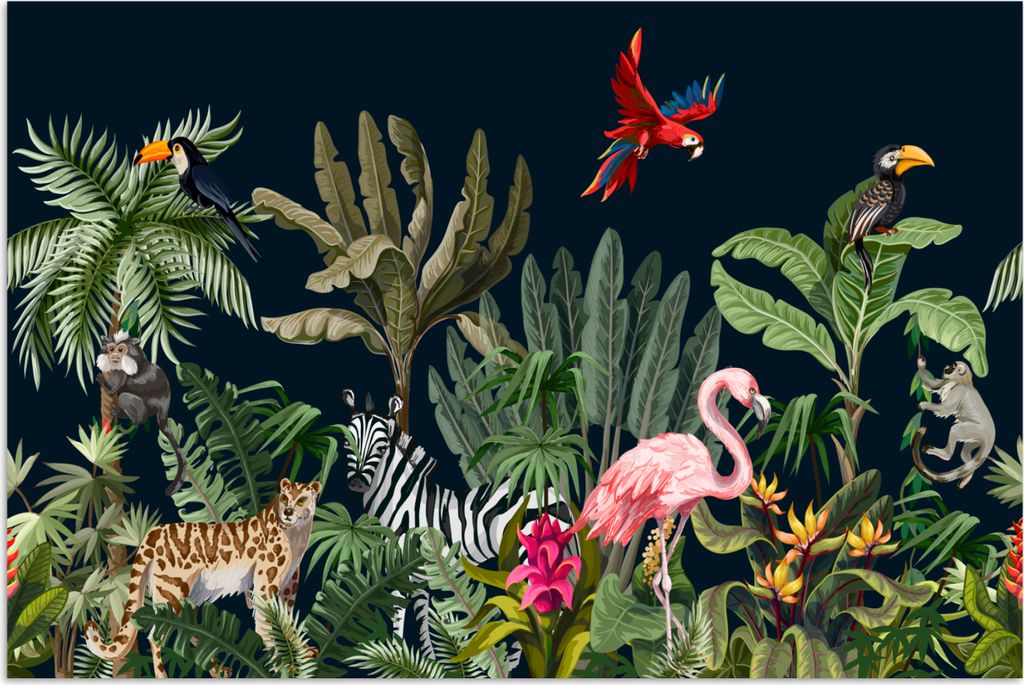 MuchoWow Poster Dschungel - Pflanzen - Tiere - Kinder - Flamingo - Zebra 90x60 cm - Schlafzimmer