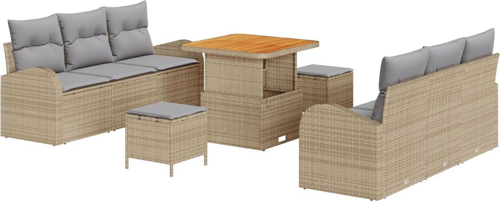 Möbel 9-teiliges Garten-Sofa-Set mit Kissen Beige Poly Rattan Akazie, 2-Sitzer Garten-Sofa mit Kissen Beige Poly Rattan, 3-teiliges Garten-Dining-...