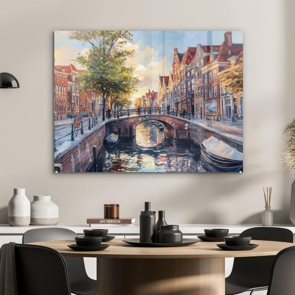 MuchoWow Glasbilder - Bilder auf Wandbild - Foto auf Glas Brücke - Stadt - Häuser - Boot 80x60 cm Wanddekoration aus Glas - Acrylglasbild - Acryl...
