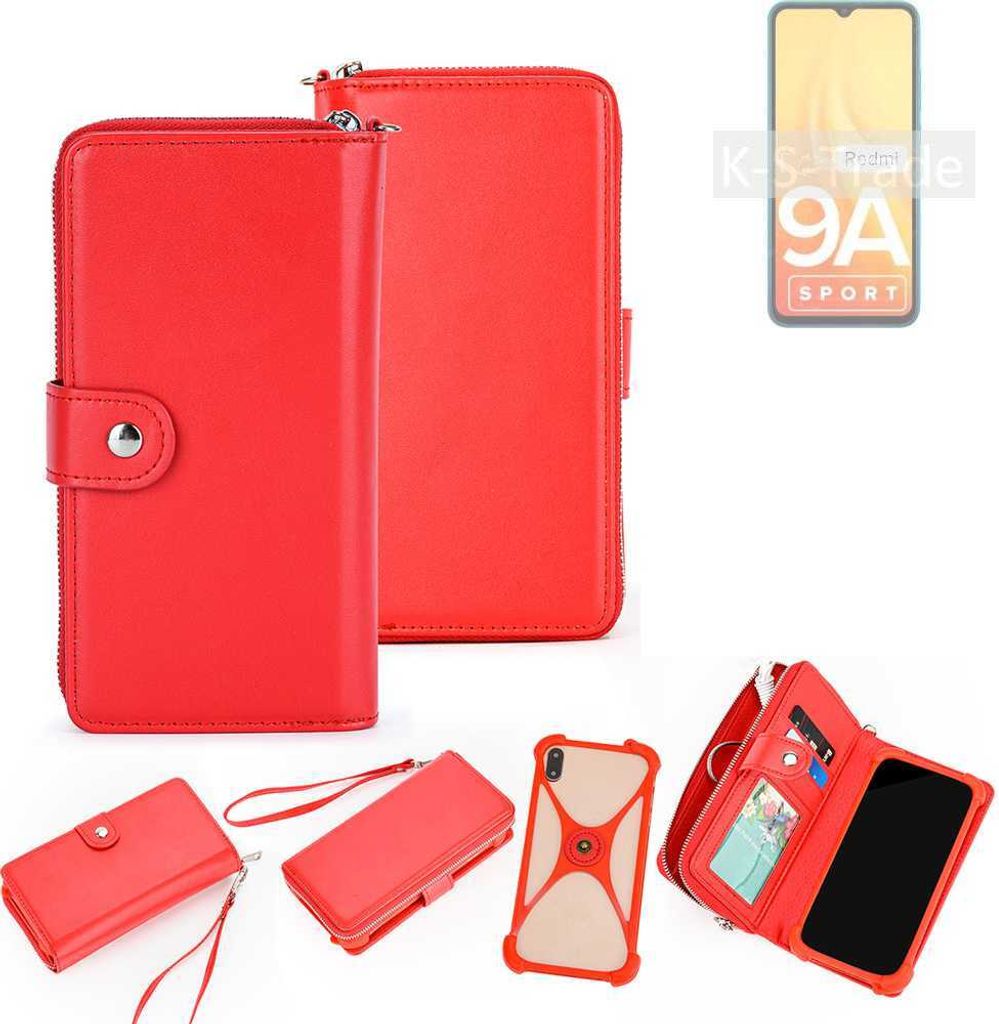 K-S-Trade 2in1 Schutzhülle Portemonnee Handyhülle mit Bumper kompatibel mit Xiaomi Redmi 9A Sport Hülle Case Etui Geldbörse Smartphone rot (1x)
