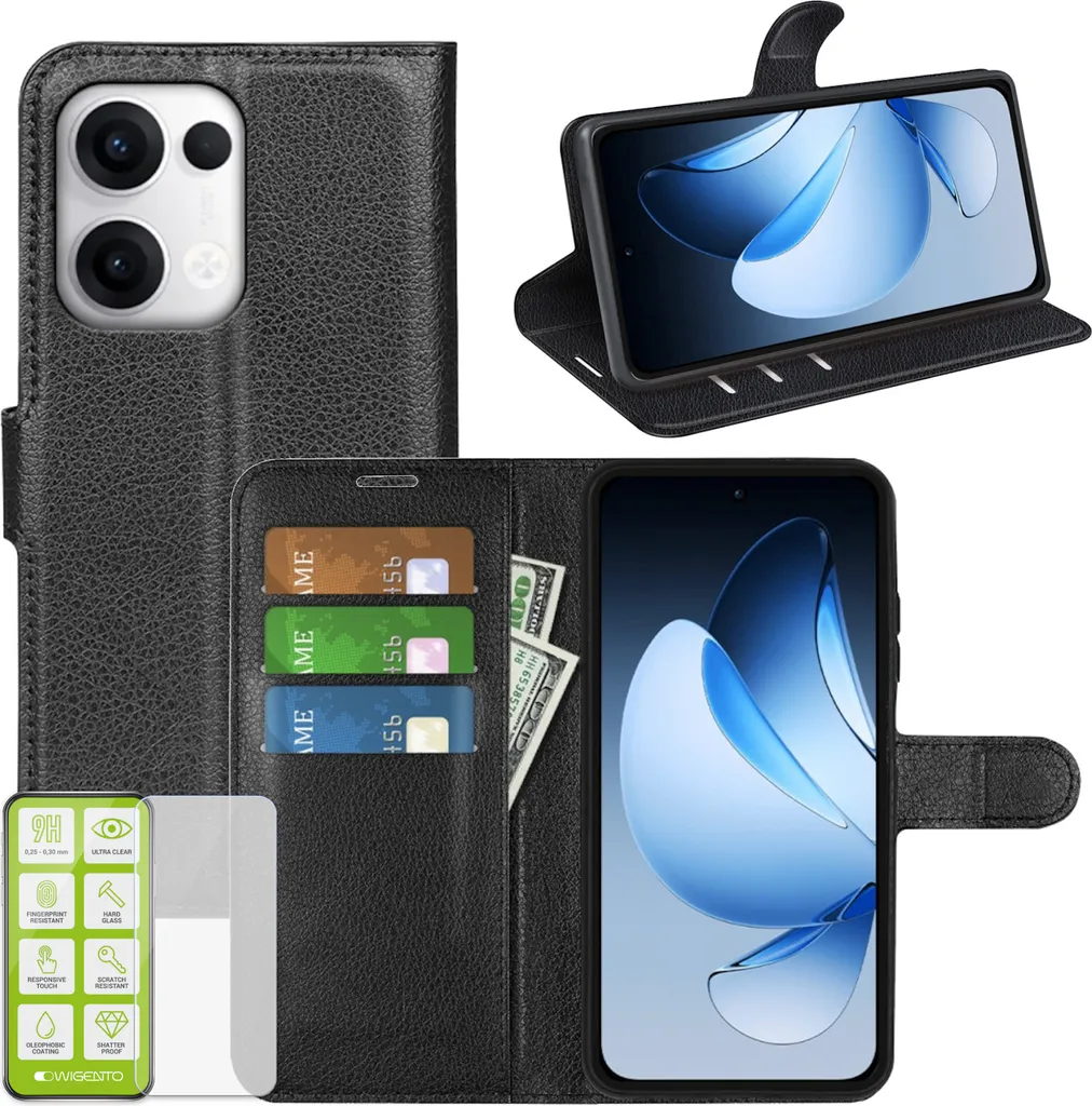 Per Oppo Reno 13 5G Pelle finta libro portafoglio custodia nero + H9 vetro temperato