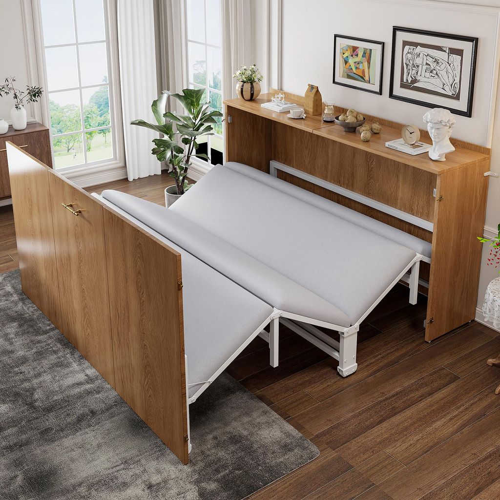 Merax Klappbett 140x200 cm mit Leinenmatratze, Schrankbett platzsparendes Gästebett, ausziehbares Bett mit Metallgestell und Rollen, Natur