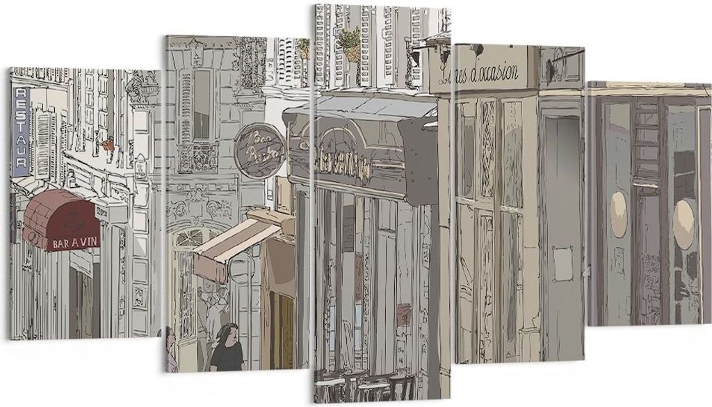 Bild auf Leinwand - Leinwandbild - 5 Teile - Architektur Zeichnen Montmartre - 160x85cm - Wand Bild - Wanddeko - Wandbilder - Leinwanddruck - Bilde...