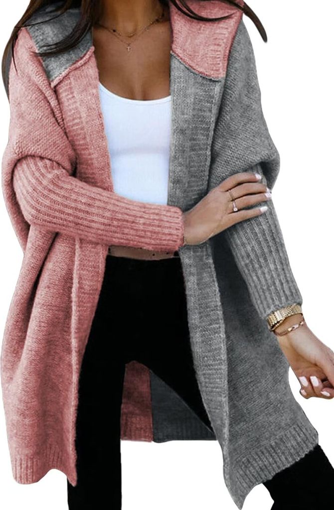 ASKSA Damen Strickjacken Kapuzenpullover Warm Lang Cardigan Strickmantel Casual Herbst Winter Grobstrickjacke Mit Kapuze (Rosa,M)