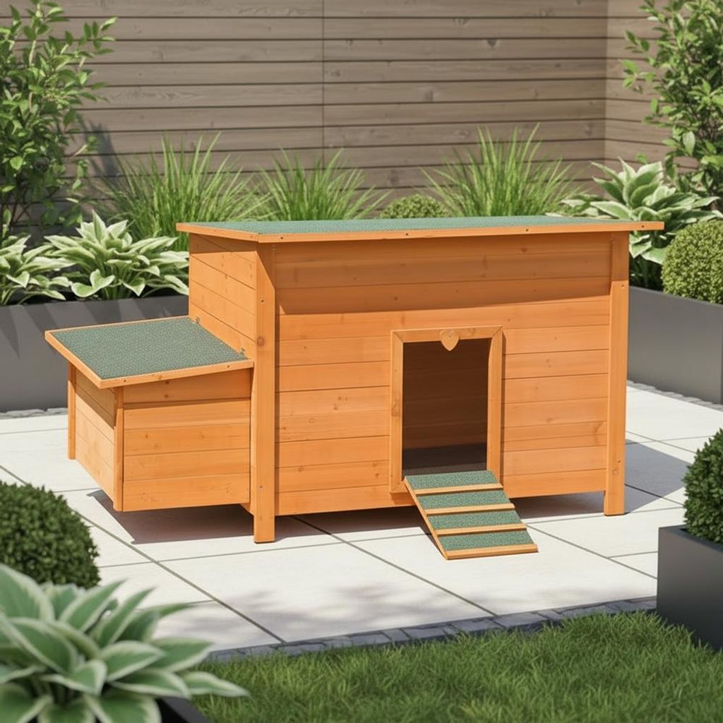 A wooden chicken coop with a green roof and ramp, set on a paved patio with surrounding greenery.