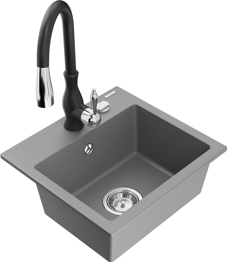 Mexen Milo 1-Becken-Granit-Spüle mit Mischbatterie Savita, Grau - 6505-71-672601-70
