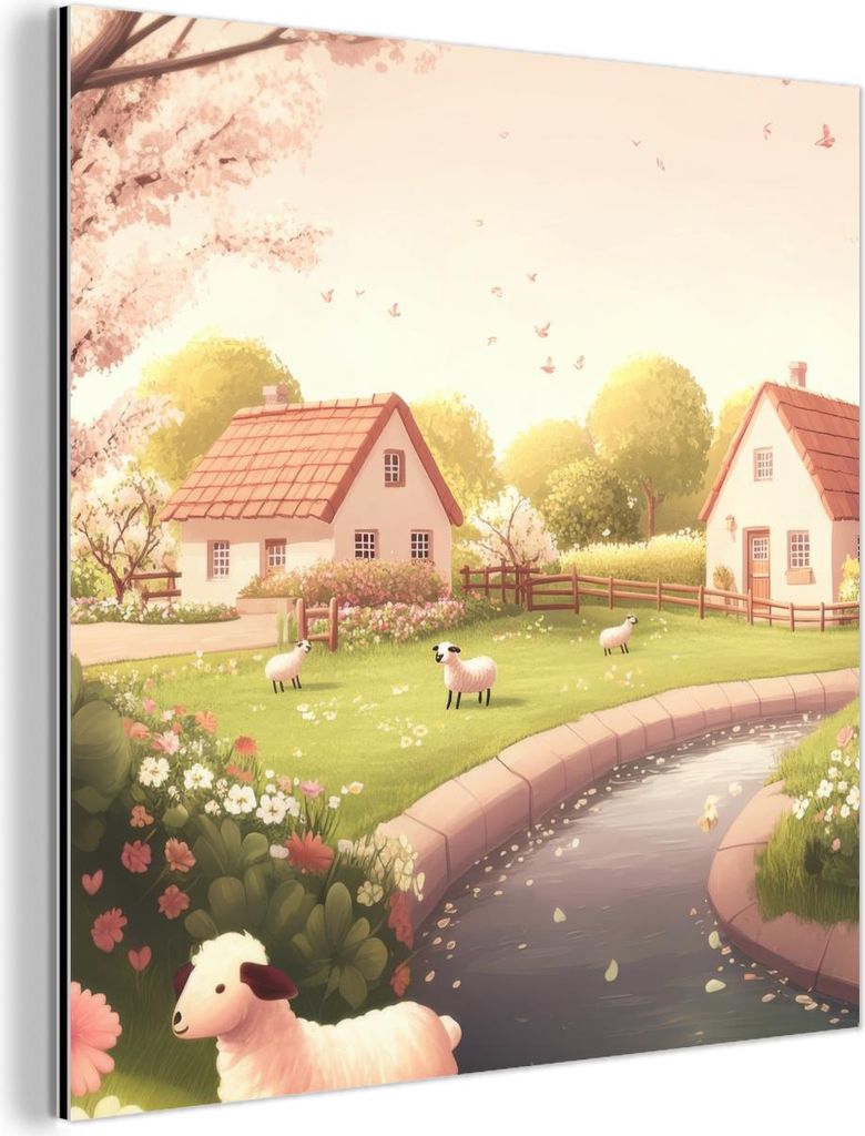 MuchoWow Wanddekoration Metall Metallbild Wandkunst 20x20 cm Schafe - Hütte - Landleben MuchoWow Aluminium Gemälde - Alu Dibond Bilder