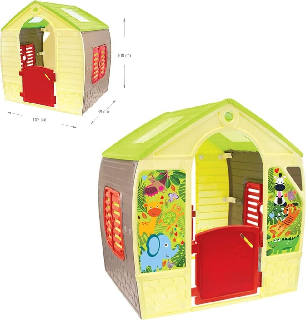 A collage of a children's playhouse with jungle-themed decorations.