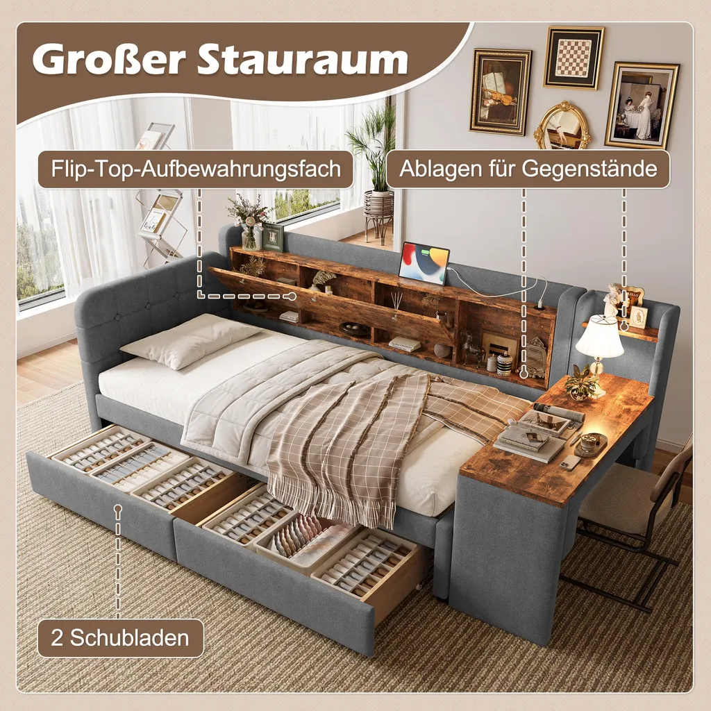 Lit de jour 90x200 gris avec bureau et tiroirs, USB Type C intégré
