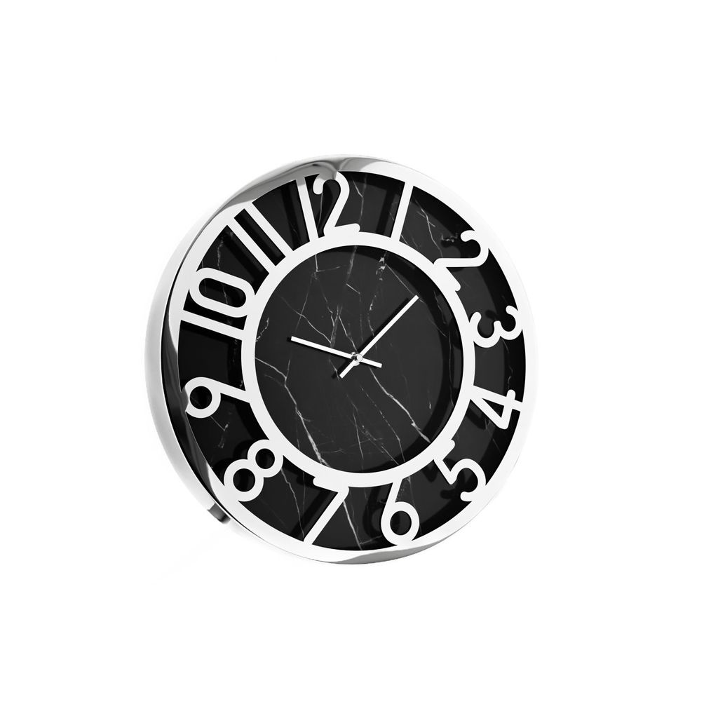 Almina moderne Wanduhr mit Marmormuster 60 cm mit Ziffern in Schwarz/Silber