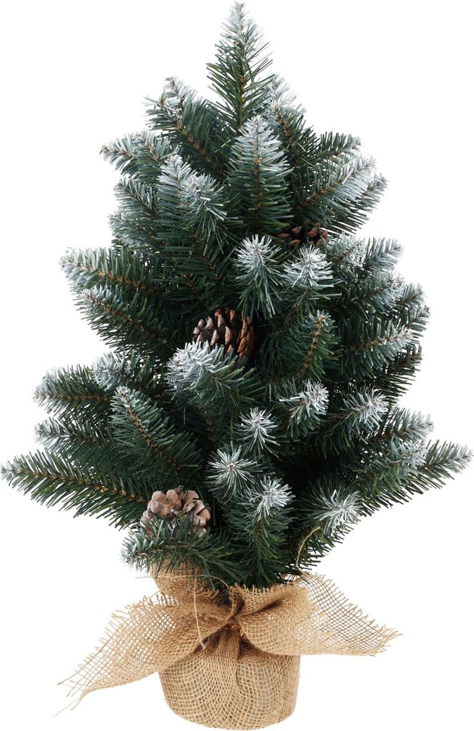 A small, artificial Christmas tree decorated with pinecones and a dusting of artificial snow, set against a white background.