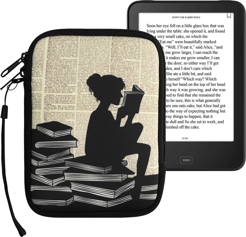 kwmobile Tasche für eReader - Neopren Hülle Schutzhülle Lesende Frau Schwarz Beige - 17 x 12 x 2 cm Innenmaße