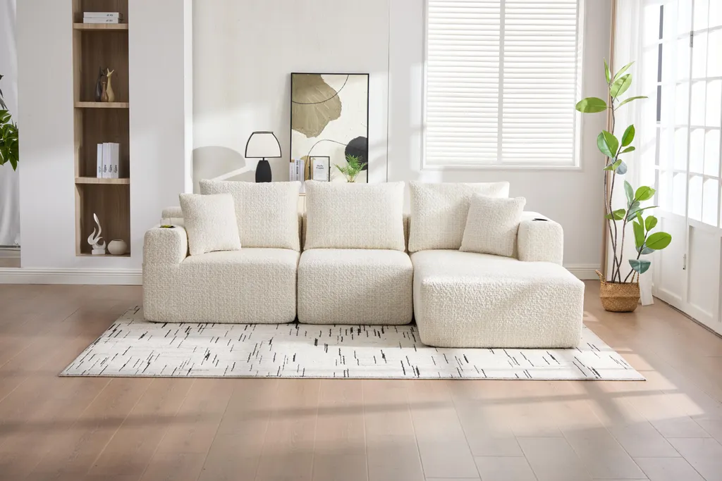 Canapé d'angle modulaire 261x165 cm en chenille beige avec mémoire de forme - 10
