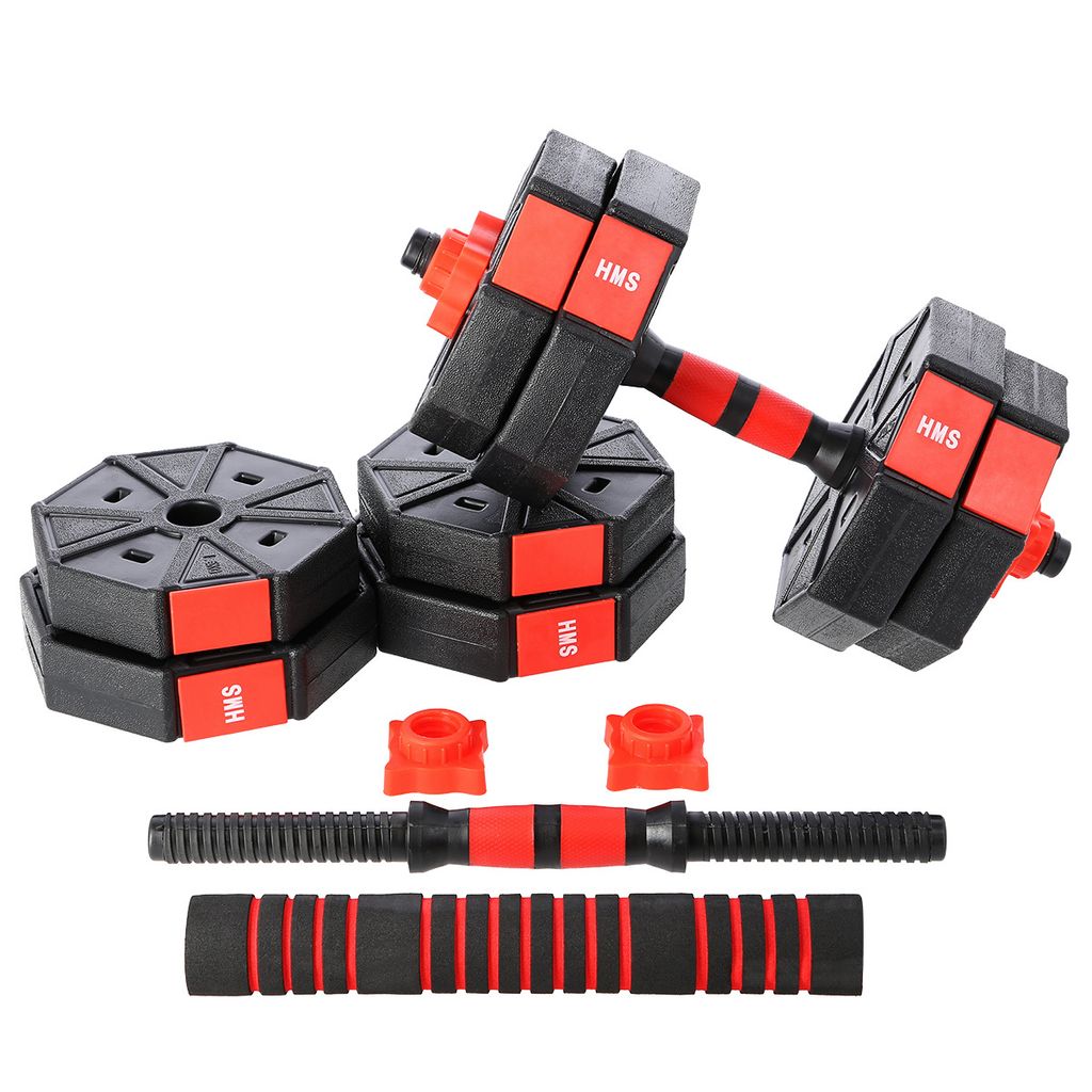 A set of adjustable dumbbells and their components laid out on a white background.