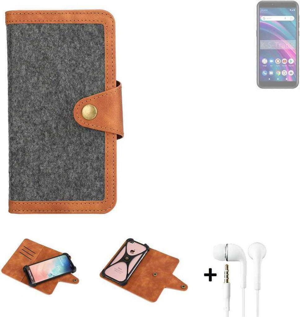 K-S-Trade Handyhülle + Kopfhörer kompatibel mit BLU C5 Max Schutzhülle Filzhülle Kunstleder dunkelgrau braun (1x)