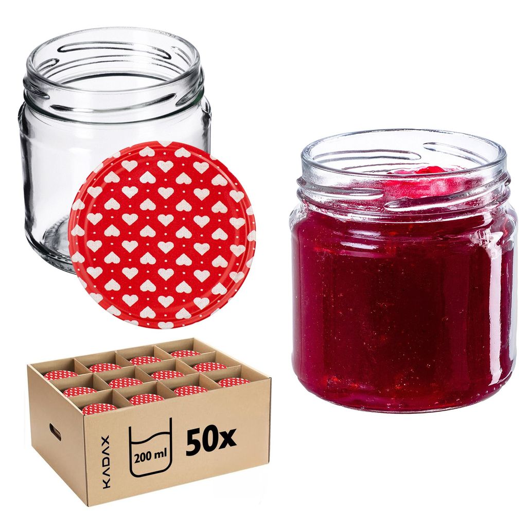 A collection of glass jars with red and white heart-patterned lids, some filled with jam, and a box containing 50 jars.