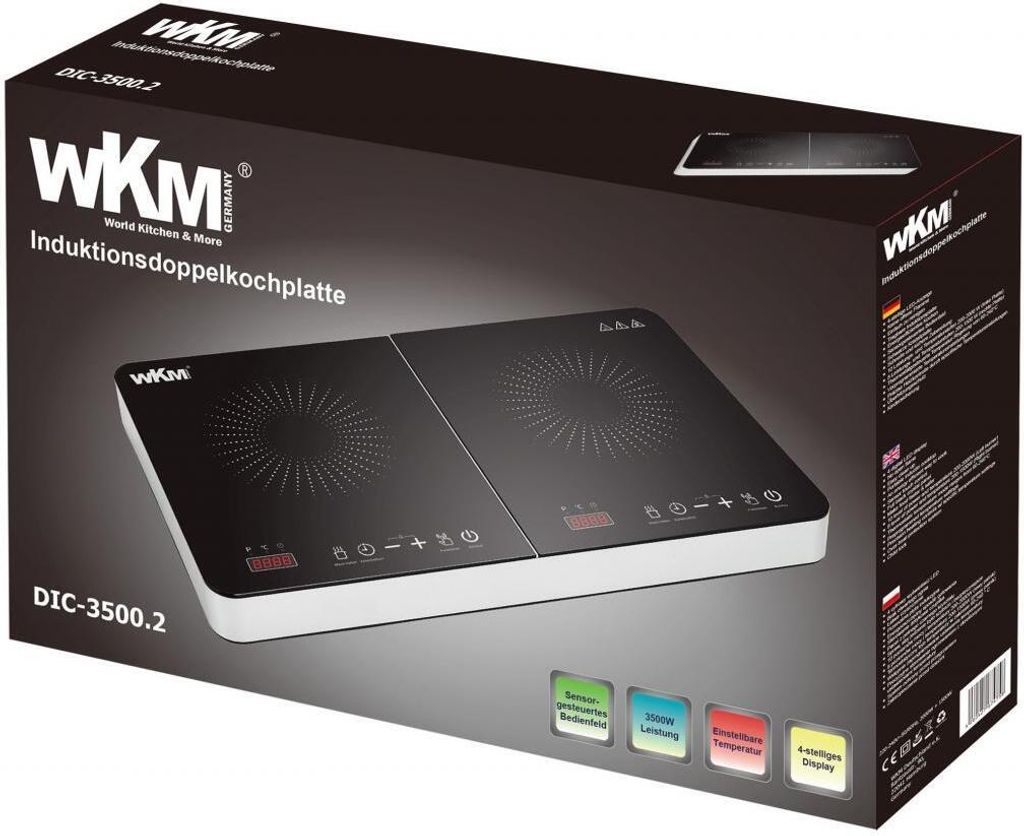 WKM Doppel-Induktionskochfeld Kochplatten 2000W+1500W DIC-3500.2 schwarz/silberfarben