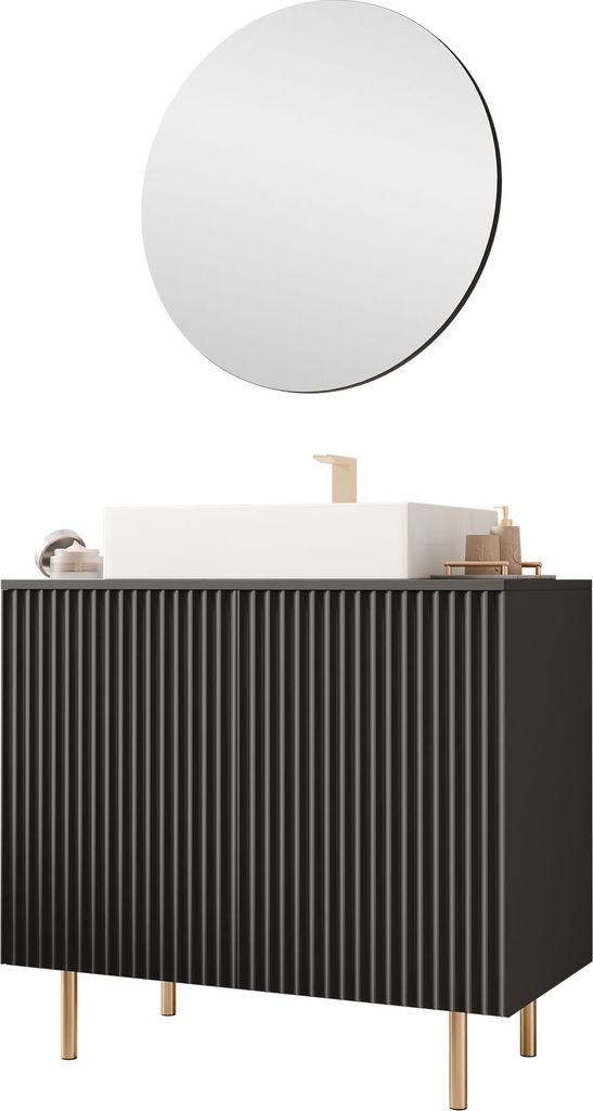 MIRJAN24 Badmöbel-Set Nubia I, Badezimmer-Set mit Spiegel (Farbe: Schwarz, Mit Siphon, MIt Waschbecken)