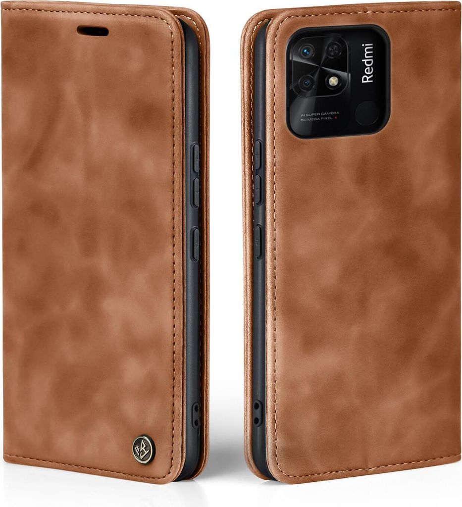 Handy Hülle für Xiaomi Redmi 10C Klapphülle Bookcase Flip Cover Handy Tasche Etui Farbe: Hellbraun