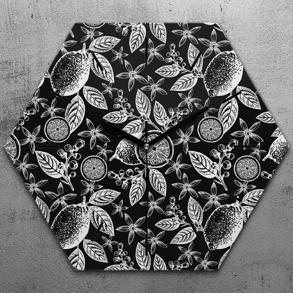 Uhr hexagonal 40 cm Glas Geräuschlos schwarze Zeiger - Blüten und Zweige