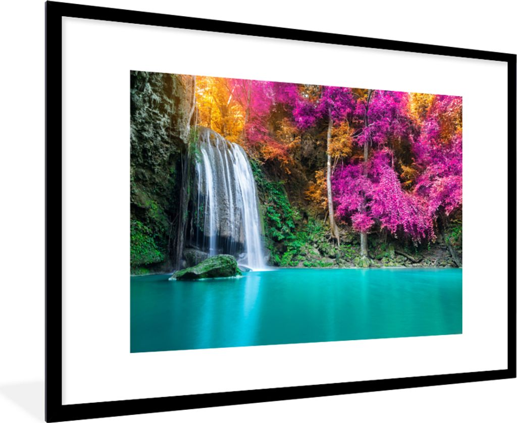 MuchoWow Gerahmtes Poster Wasserfall - Bäume - Rosa - Braun - Natur 90x60 cm - Poster mit Schwarzem Bilderrahmen Wandposter Rahmen Foto Bilder -...