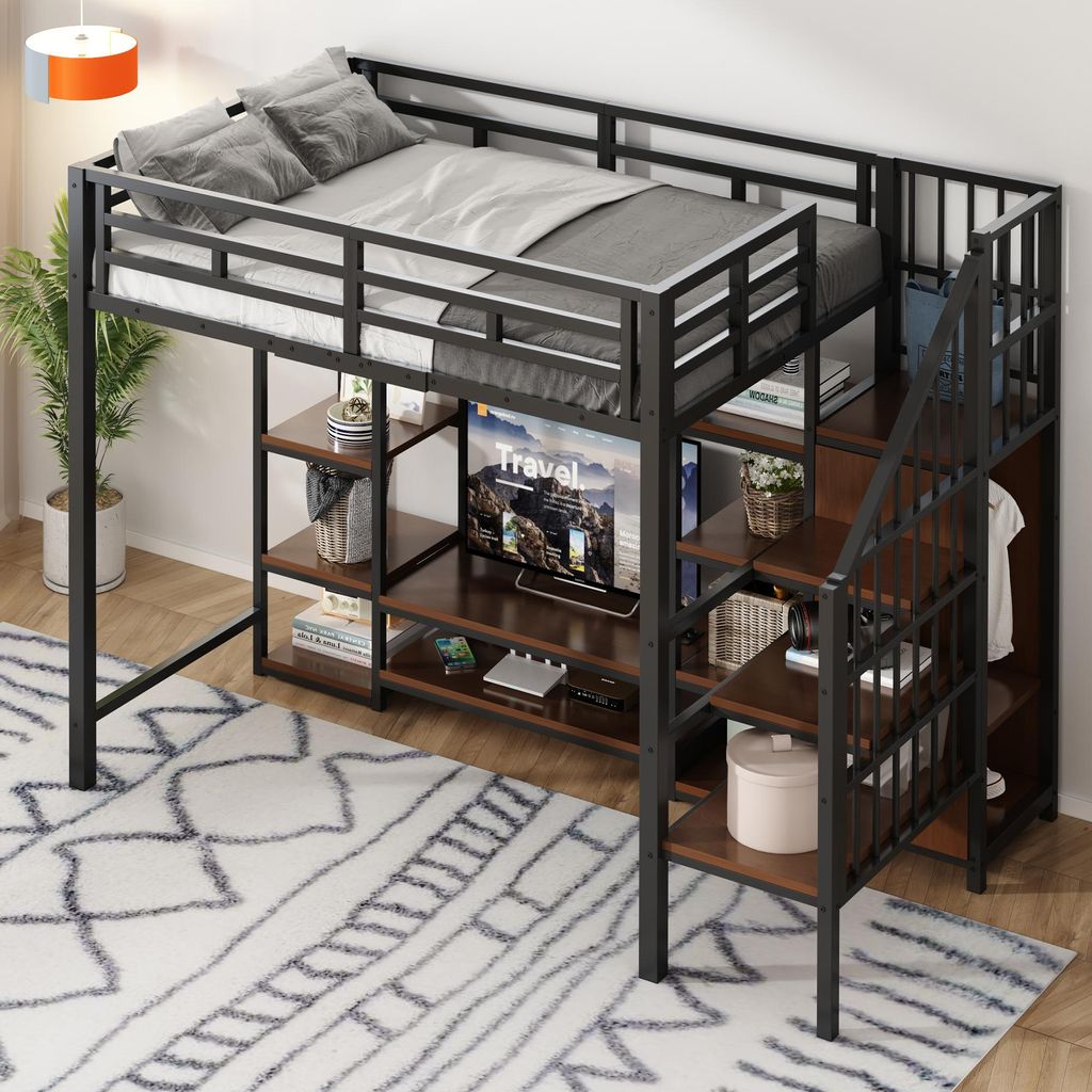 STILVORA Hochbett 90×200cm mit Stauraum Jugendbett mit Steckdose und TV-Ständer Bettgestell mit Sicherheitsleiter, ohne matratze,Schwarz