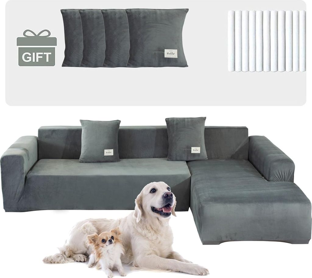L-förmiger Sofabezug Stretch Samt verdickter Ecksofabezug,3 Sitzer+3 Sitzer Couchbezüge,Möbelschutz mit 4 Kissenbezügen für Möbel,Hund,Katze(...