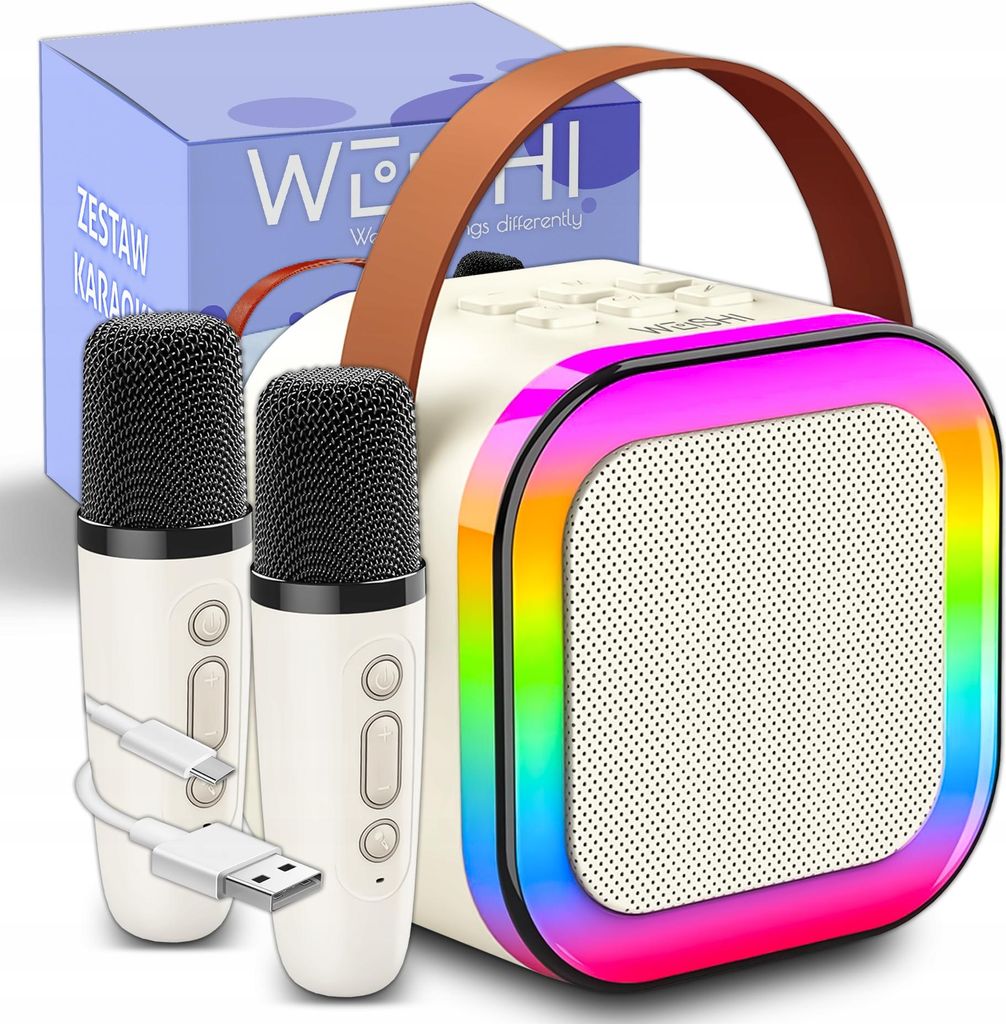 Kuketo | Kinder Karaoke Set Beige Mit Bluetooth Lautsprecher & 2 Mikrofonen – LED Party Lautsprecher Mit USB – Perfektes Geschenk Für Kinder