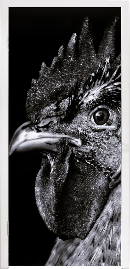 MuchoWow Türtapete Selbstklebende Türfolie Hahn - Vogel - Schwarz - Weiß 85x215 cm Türposter Türaufkleber Klebefolie Türklebefolie - Aufkle...