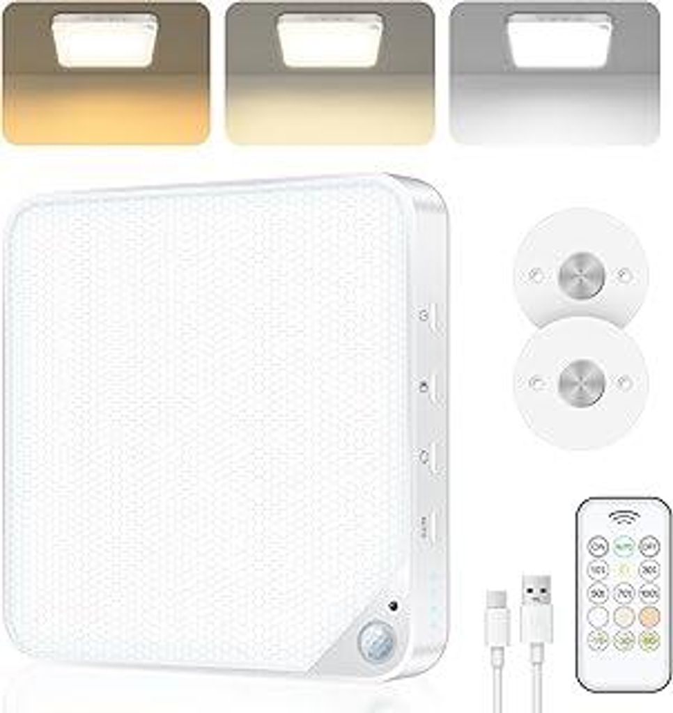 Akku Deckenleuchte mit Bewegungsmelder Innen,6W Aufladbare LED Deckenlampe Badezimmer mit Fernbedienung,Ohne Stromanschluss,Batteriebetriebene Kabe...