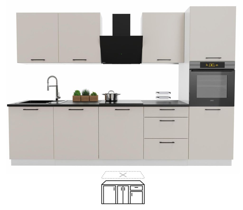 Küchenzeile 300 cm - Beige Matt - ohne Arbeitsplatte - mit Produktbild 