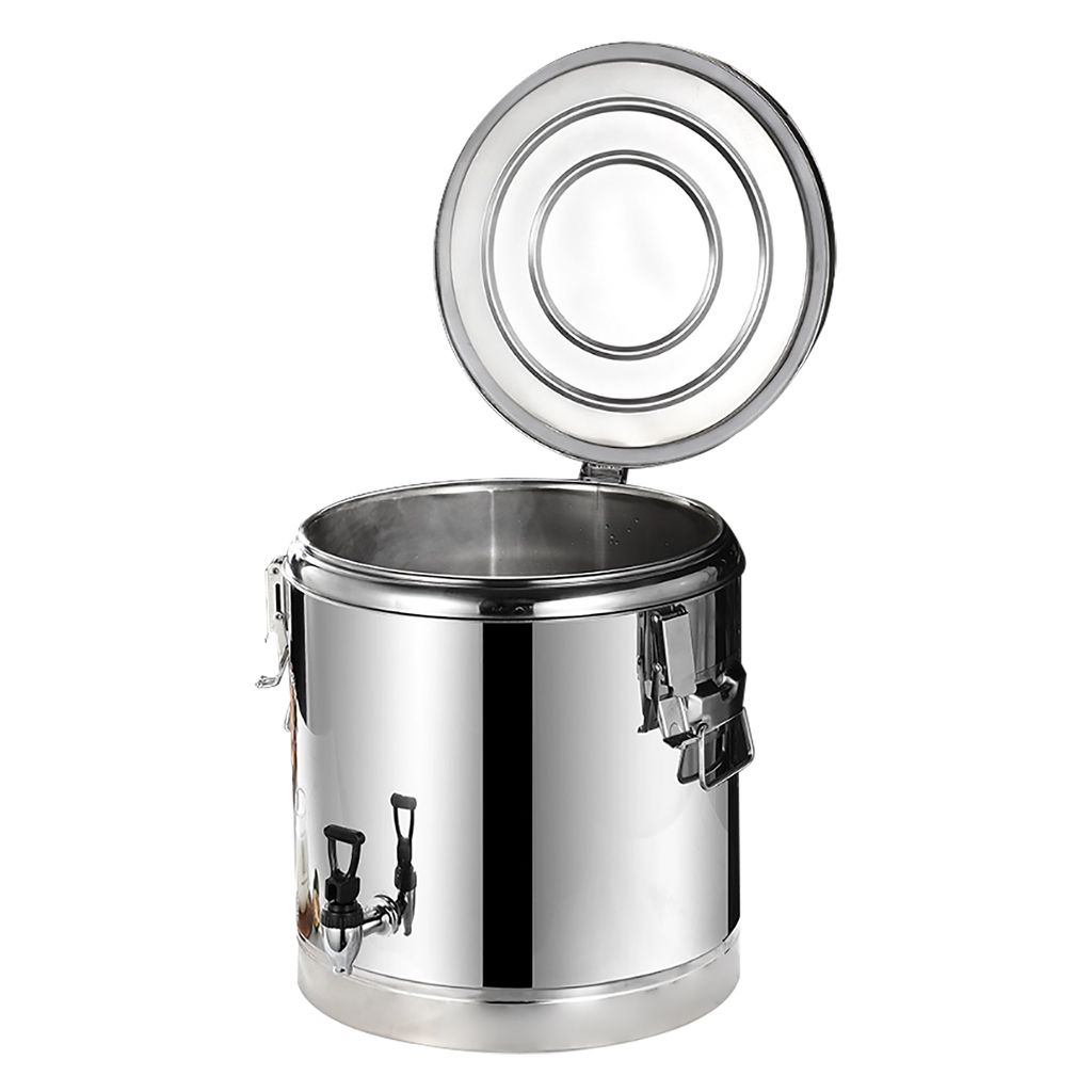 A stainless steel food warmer with its lid open and a spigot visible.