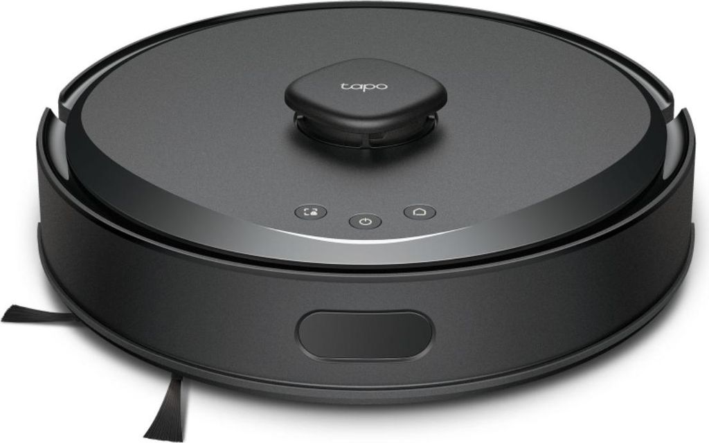 A black robot vacuum cleaner is shown from a slightly elevated front-left angle on a white background.