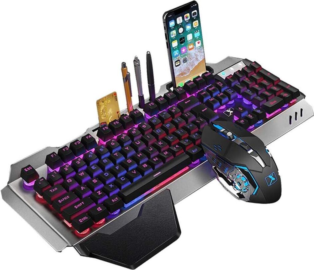 2,4G Mechanisches Gefühl Wiederaufladbares kabelloses Tastatur- und Mausset, 3000mAh Kapazität, LED-beleuchtetes wasserdichte Gaming-Tastatur