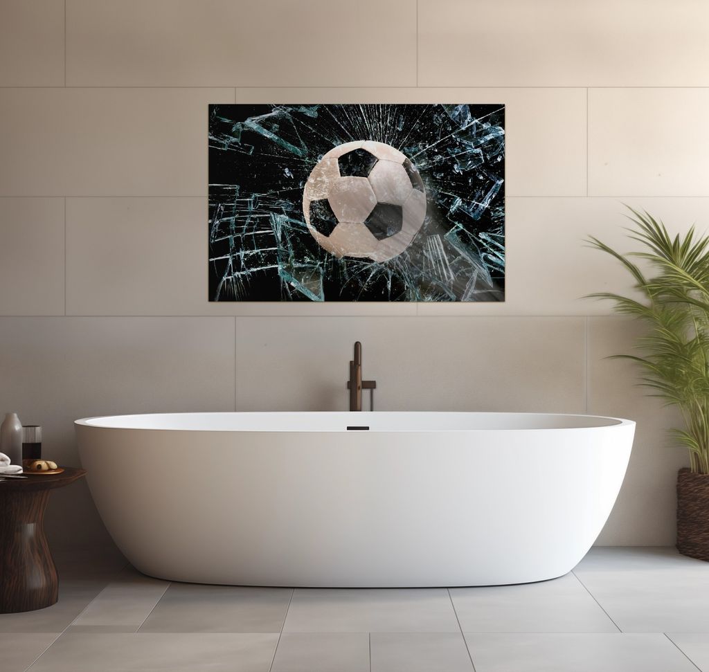 Wallario wasserfestes Poster selbstklebend 91,50 x 61 cm, Fußball - im Fenster, Splitter und Glas, Badezimmerposter Spritzschutz mit Hochglanzober...