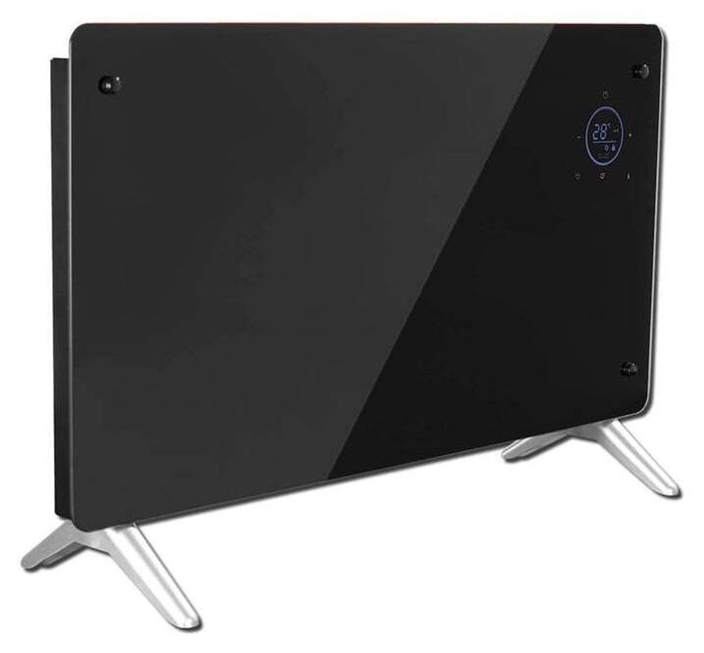 A black glass panel heater with silver legs is shown against a white background.