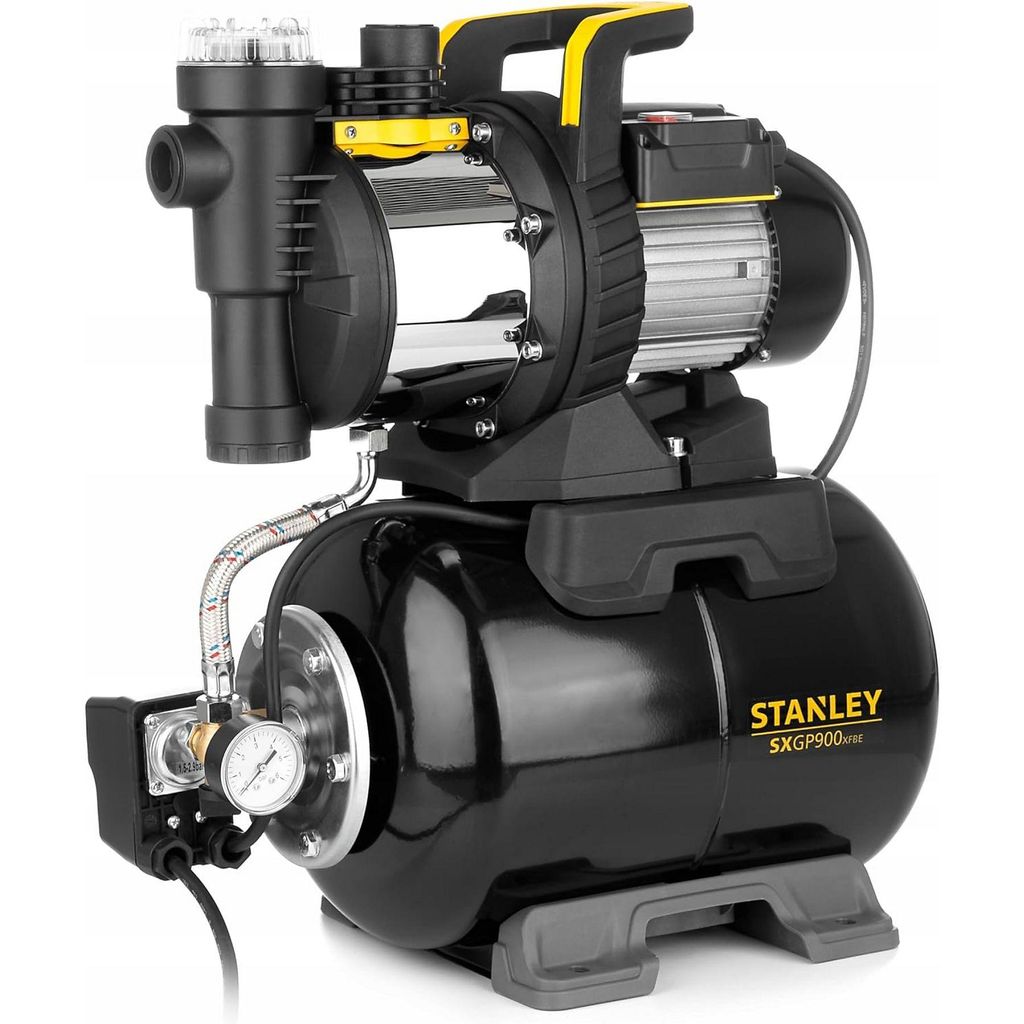 JUNG Stanley GP900XF Hauswasserwerk Pumpe Wasser, mit Vorfilter & Druckkessel, Edelstahl, Gartenpumpe Wasserpumpe Selbstansaugend 900 W