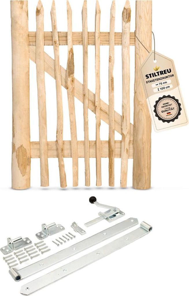 Classic Staketenzaun-Tor Set (silber) aus Edelkastanie, Breite 75 cm, Höhe 100 cm (genagelte Ausführung)