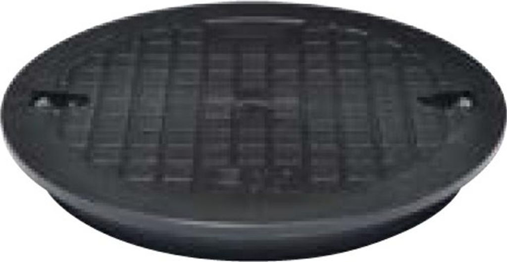 A black, round plastic lid with a grid pattern on top, designed for a manhole pipe.