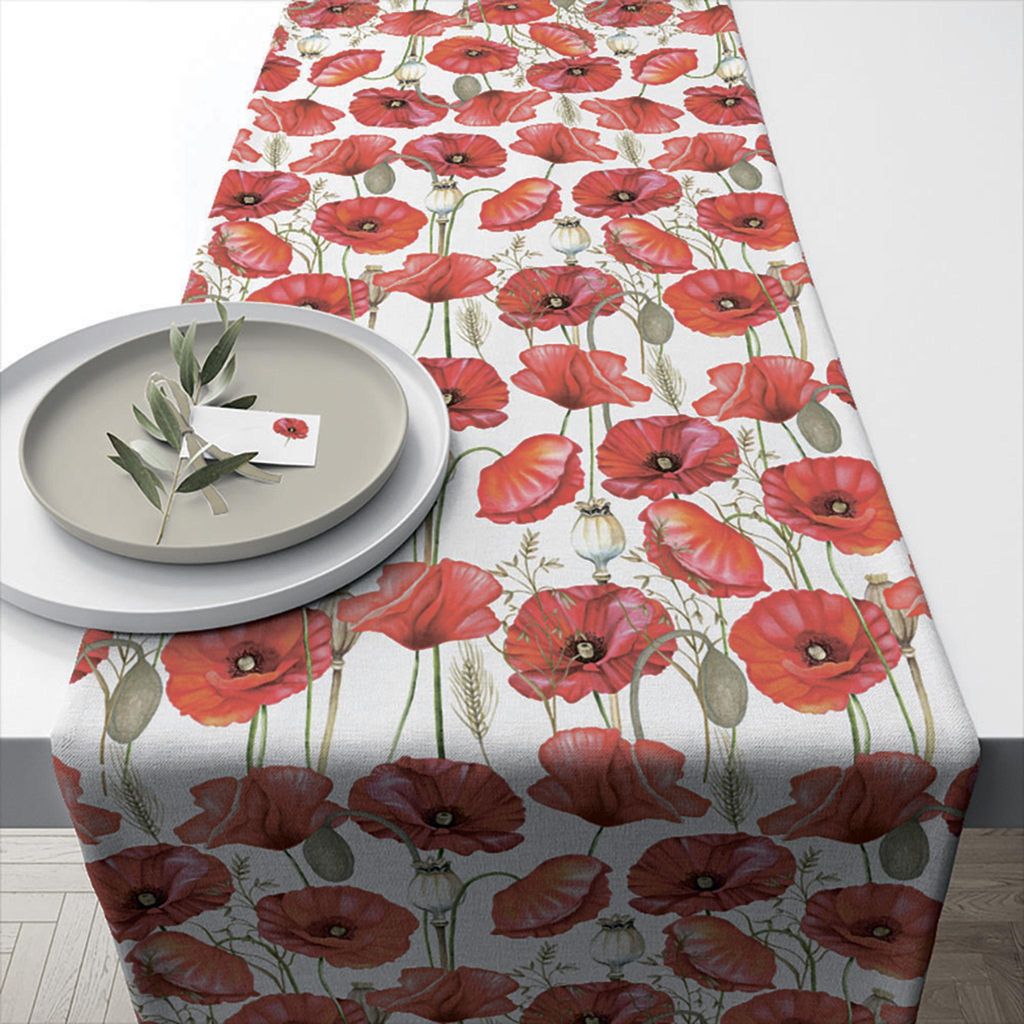 Tischläufer Baumwolle 40x150cm mit roten Mohnblumen Weiß Produktbild 