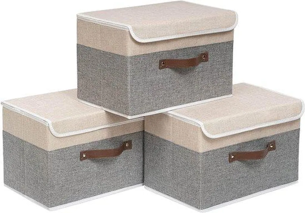 Lot de 3 boîtes de rangement lavables gris et beige 38 x 25 x 25 cm