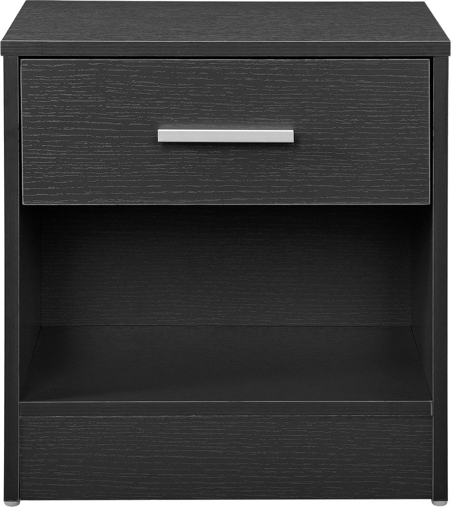 A front view of a dark gray nightstand with a single drawer and an open shelf.