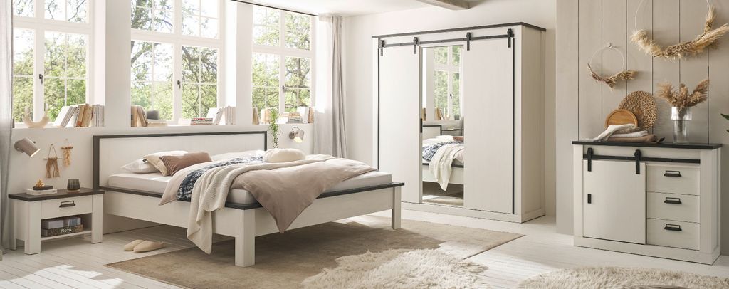 Schlafzimmer Set Stove in weiß komplett Set 5-teilig mit Bett und Kleiderschrank