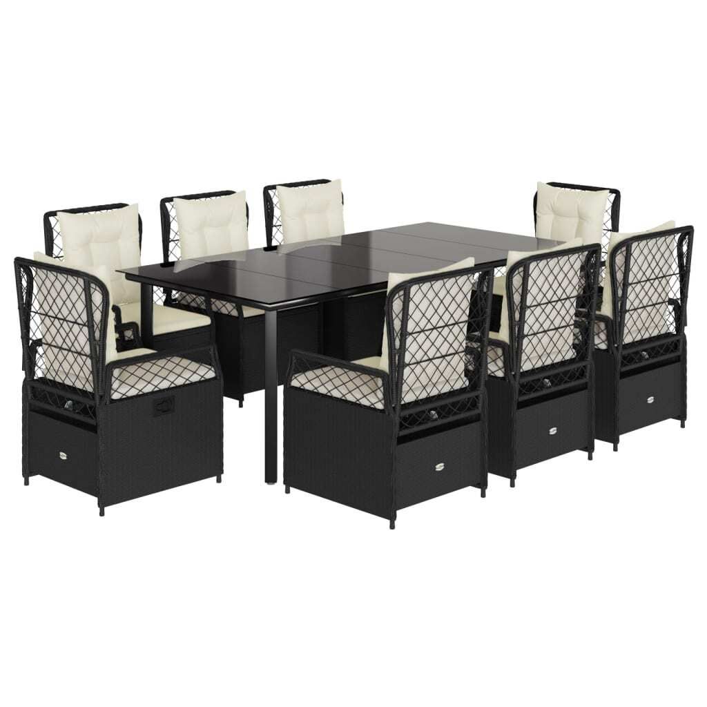 9-tlg. Garten-Essgruppe mit Kissen Schwarz Poly Rattan