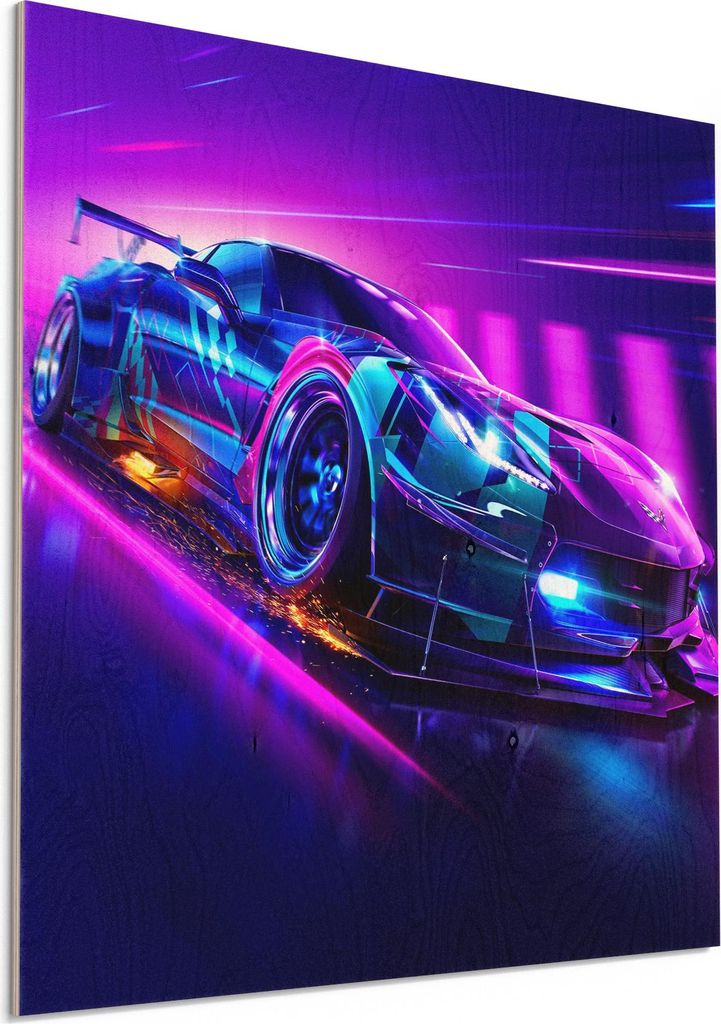 DEQORI Holzbild 50x50 cm 'Corvette Verfolgungsjagd' Bild auf Holz Wandbild Kunstdruck