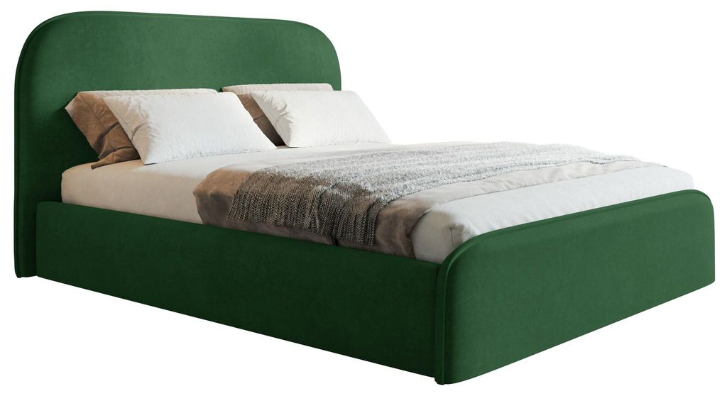 Doppelbett 200x200 cm Wendra Slim mit rundem Kopfteil - Bettkasten, Metall-Lattenrost, Samtstoff Grün