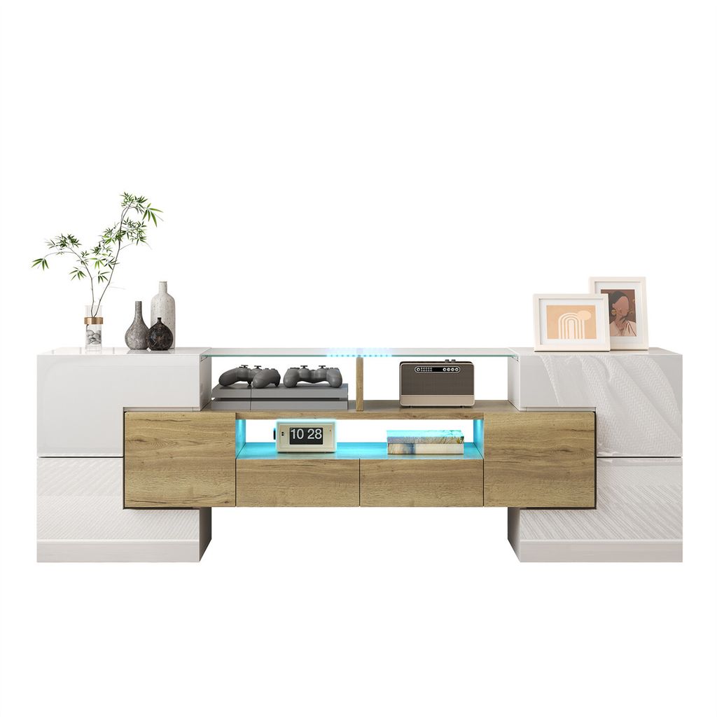 Stilvoller TV-Schrank(145 cm,Holzfarbe)Lowboard,LED-Beleuchtung,Wohnzimmermöbel,modernes Design,elegante Glasoberfläche