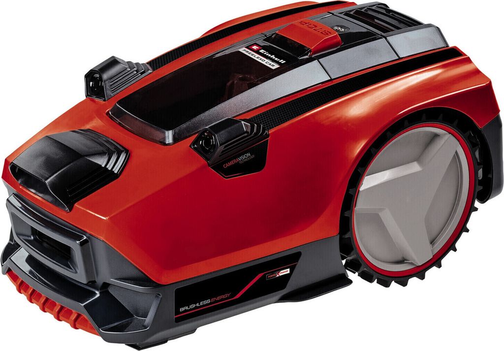 A red and black robotic lawnmower is shown from a front-side angle against a white background.