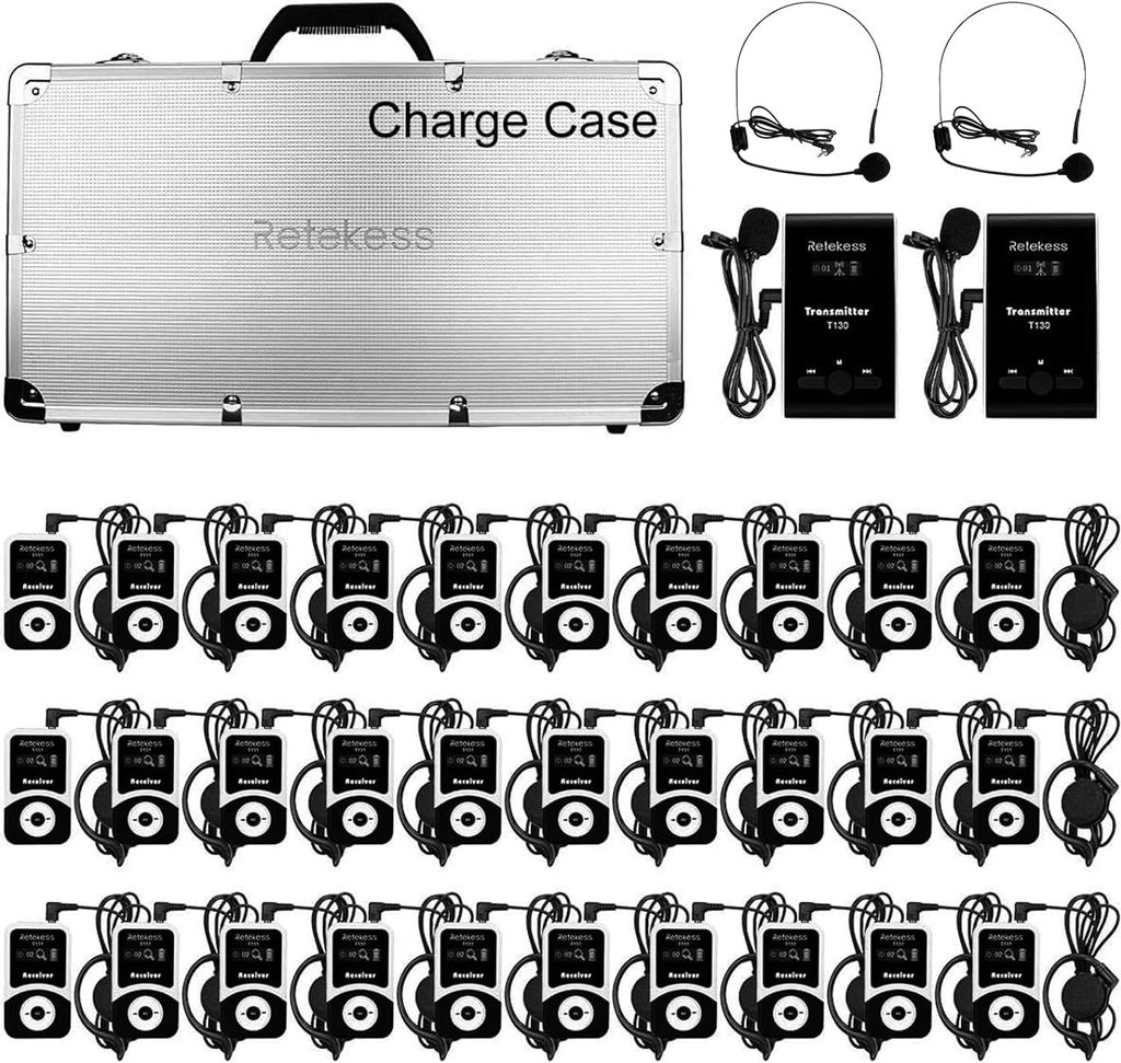 Retekess T130 Tour Guide System, 60M Drahtloses Reiseleitersystem, Kirchenübersetzungssystem, mit Headsets zum Reisen (30 Empfänger, 1 Ladekoffer)
