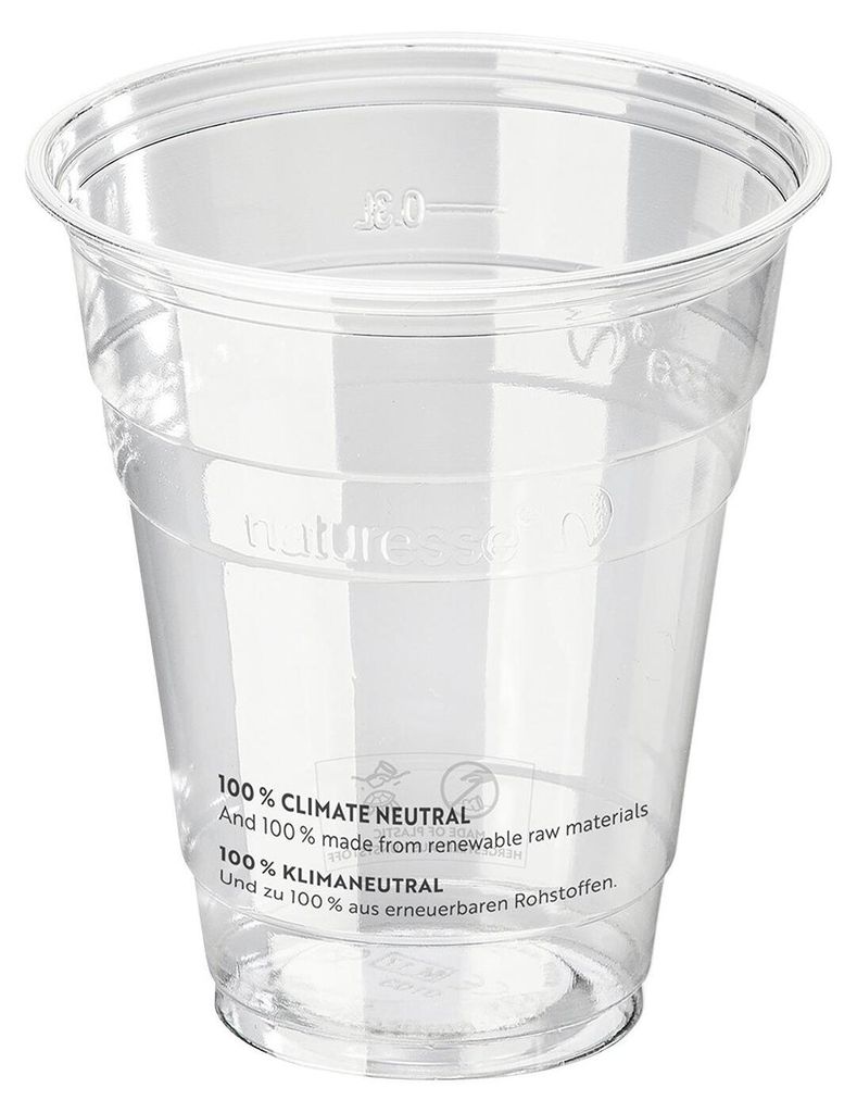 50x Einweg-Trinkbecher 300 ml Eichstrich Ø 96 mm aus PLA Produktbild 